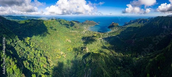 Fototapeta Magnificent aerial view of the bottom of the HANE and HOKATU valleys on the island of UA HUKA in the Marquesas archipelago in French Polynesia