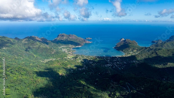 Fototapeta Magnificent aerial view of the bottom of the HANE and HOKATU valleys on the island of UA HUKA in the Marquesas archipelago in French Polynesia