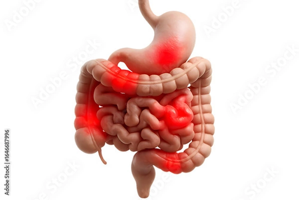 Fototapeta Medical Illustration of Human Digestive System with Inflammation and Pain Redness
