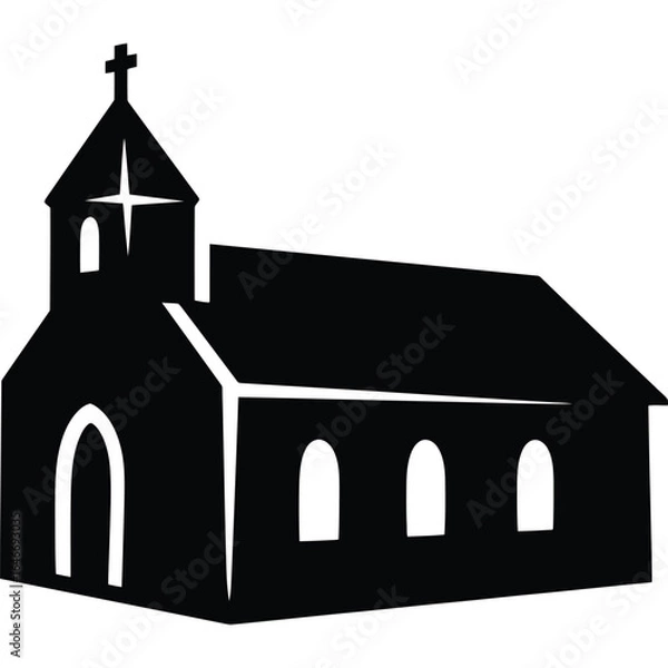 Obraz A silhouette of a church with a cross on top against a white background in a simple vector style
