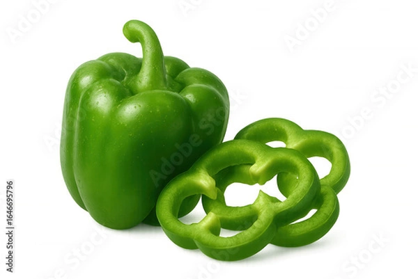 Fototapeta Whole green bell pepper glistening with water droplets, accompanied by three fresh slices, isolated against a transparent background