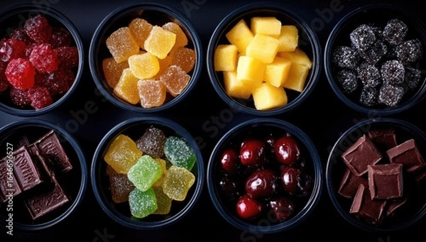 Fototapeta Assorted colorful candies and fruits in small black bowls
