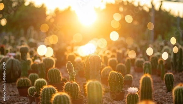 Fototapeta Cactus Nursery Bathed in Golden Sunset Flare and Dreamy Bokeh