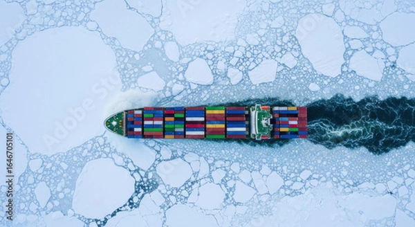 Fototapeta Container ship aerial ice frozen sea winter transport colorful cargo shipping logistics. Aerial view of colorful container ship breaking through frozen sea ice symbolizing resilience and global