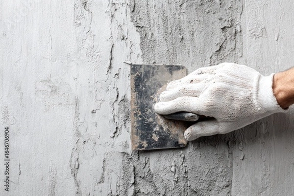 Fototapeta Hand in protective glove using putty knife to smooth a textured wall