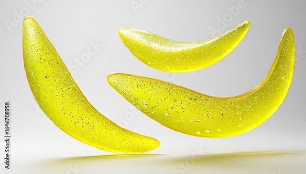 Fototapeta Three yellow, translucent, banana-shaped objects levitate against a light gray backdrop.  Water droplets and tiny specks create a textured effect