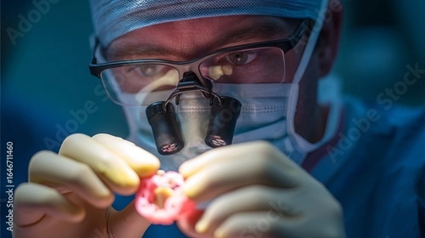 Fototapeta Focused male surgeon examining a colorful surgical model under bright lighting.