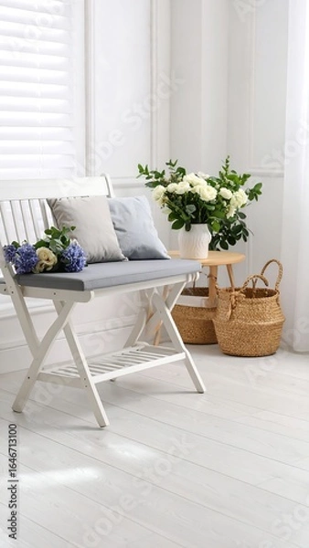 Fototapeta White bench with cushions, flowers, and baskets in a bright room