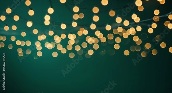 Obraz Blurred string lights hanging against a dark green background creating a bokeh effect