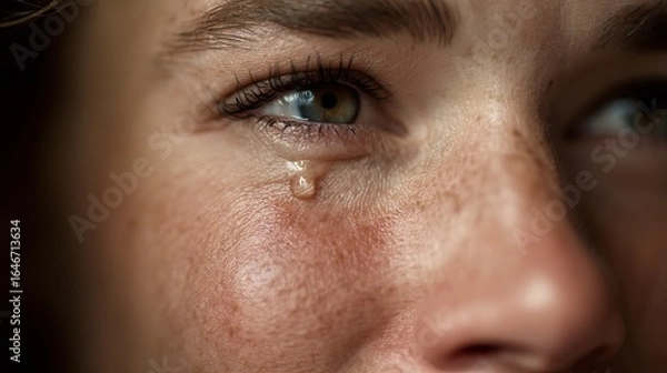 Fototapeta A close-up of a young woman with a tear rolling down her cheek, capturing deep emotion.