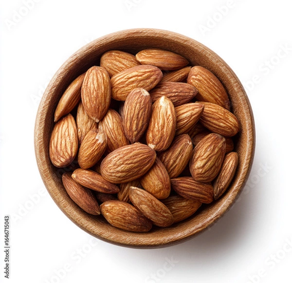 Fototapeta Bowl of almonds isolated on white background, top view of healthy nuts for snacking and nutrition