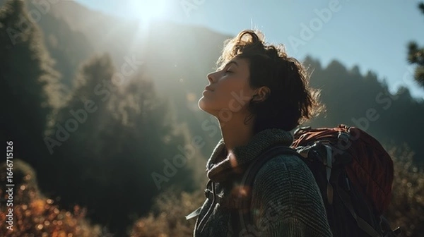 Fototapeta Profile of a young woman enjoying nature with a backpack during a sunny hike.