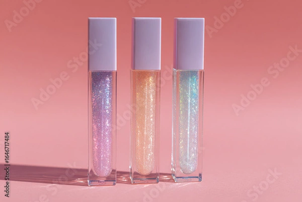 Fototapeta Three tubes of shimmering lip gloss in purple, peach, and blue shades arranged neatly on a pink background
