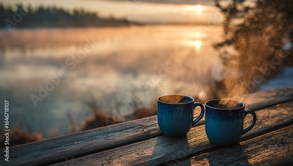Fototapeta Two steaming cups of coffee sit on a rustic wooden table by a serene lake at sunrise