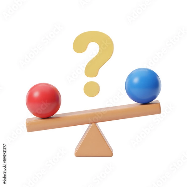 Fototapeta Seesaw with red and blue spheres and question mark representing uncertainty and decision making  
