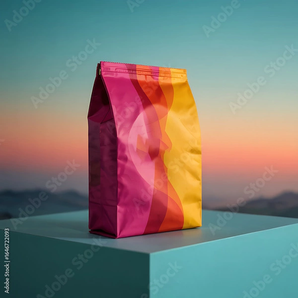 Fototapeta Colorful Coffee Packaging Mockup with Abstract Design Standing on a Turquoise Podium against a Sunset Sky Background for Branding and Marketing