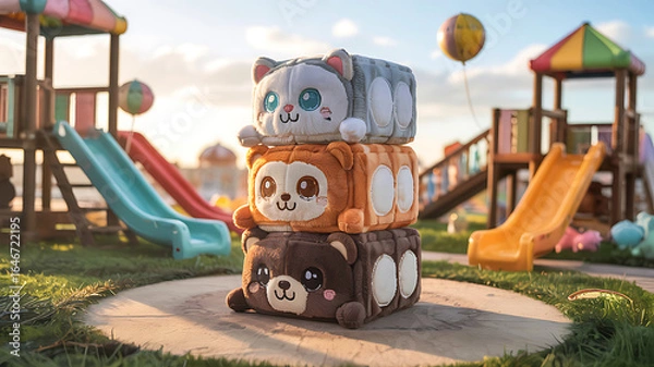 Fototapeta Colorful Plush Stacking Toy Blocks on Playground Path Childrens Play Area with Slides and Play Equipment Cute Animal Theme