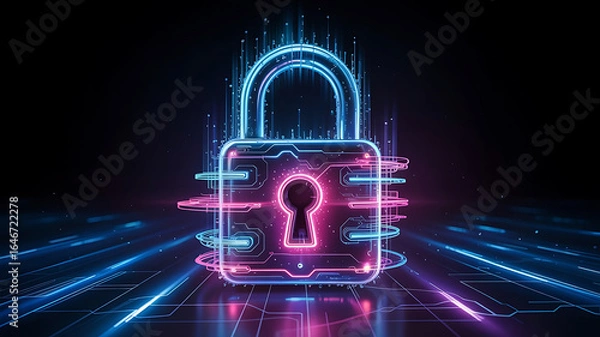 Fototapeta Cybersecurity lock protecting digital data in a futuristic neon environment illustrating network security and protection against cyber threats for secure online transactions and privacy of information