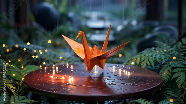 Fototapeta Delicate Origami Crane on a RainKissed Wooden Table Amidst Lush Ferns and Sparkling Lights A Symbol of Peace and Hope