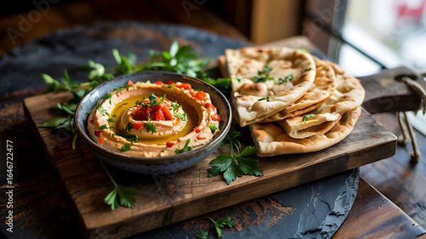 Fototapeta Delicious hummus with pita bread a healthy and tasty appetizer perfect for sharing with friends and family on a rustic wooden serving board