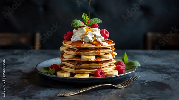 Fototapeta Delicious Stack of Pancakes with Maple Syrup Raspberries Bananas and Whipped Cream Ready to be Served on a Slate Tabletop