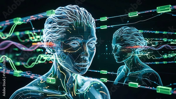 Fototapeta Digital human representation of artificial intelligence with interconnected networks and data flow