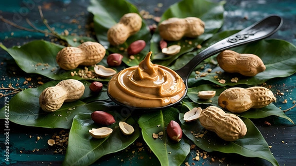 Fototapeta Delicious Peanut Butter on Spoon with Fresh Peanuts and Green Leaves Displaying Natural Ingredients and Healthy Eating Concept