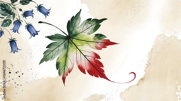 Fototapeta Elegant Watercolor Illustration of Maple Leaf and Bellflowers with Autumnal Colors for Creative Projects and Designs