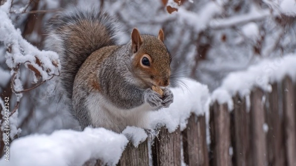 Obraz Squirrel eating nut snowy day