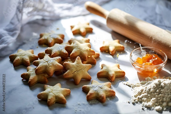 Fototapeta Festive Star Shaped Cookies Sprinkled with Powdered Sugar Accompanied by Homemade Fruit Preserve and Rolling Pin Baking Preparation Still Life