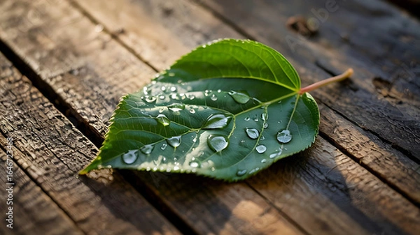 Fototapeta Fresh Green Leaf with Sparkling Water Droplets on Weathered Wood Surface Close Up Macro Shot Capturing the Beauty of Nature and Simplicity