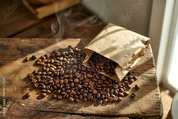Fototapeta Freshly Roasted Coffee Beans Spilling from a Rustic Paper Bag on a Vintage Wooden Surface Emitting Aromatic Steam Evoking Warmth and Richness