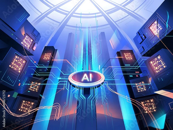 Fototapeta Futuristic artificial intelligence server room with data processing and circuit board connections illustrating technology advancement and deep learning concepts in modern computing environments