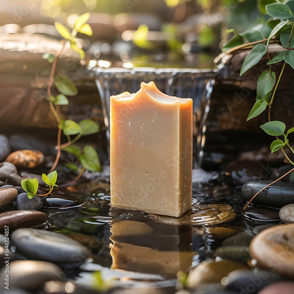 Fototapeta Handmade soap bar resting in clear water with smooth pebbles and a gentle waterfall in the background offering a serene and natural wellness experience