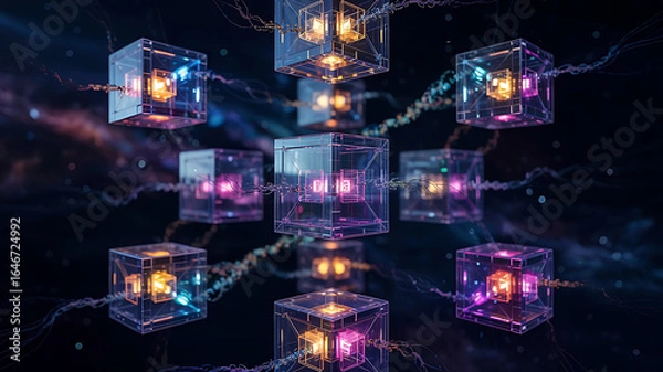 Fototapeta Interconnected Network of Blockchain Cubes with Glowing Lights Representing Digital Transactions and Secure Data Transfer in the Metaverse