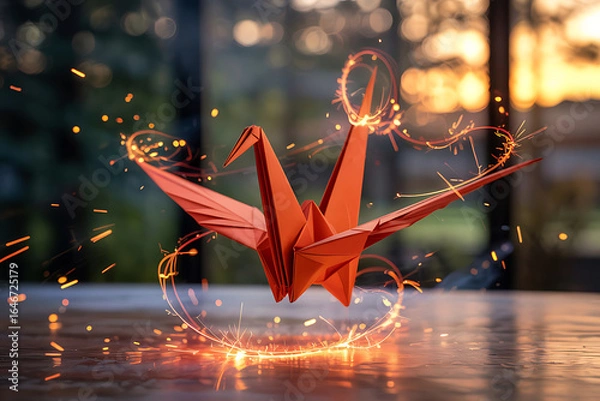 Fototapeta Majestic origami crane levitating with sparks in artistic display of creativity and artistry symbolizing dreams hope and imagination for a unique and captivating visual experience