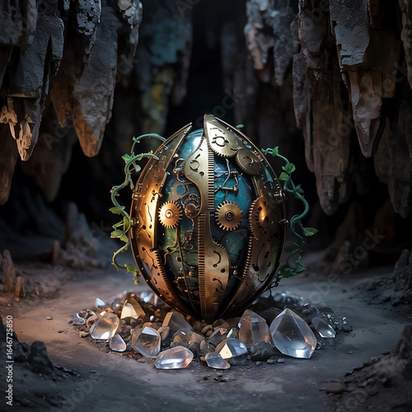 Fototapeta Mysterious Steampunk Orb in Dark Cave Adorned with Crystals and Vine Growth a Fusion of Technology and Natures Enigmatic Beauty