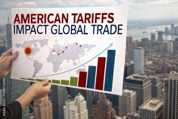 Fototapeta Analyzing American tariffs' significant impact on global trade dynamics with growth charts and world map visualization against a city skyline backdrop