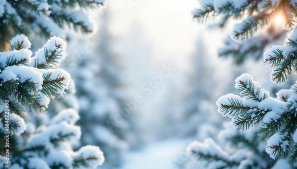 Fototapeta Snow-Covered Pine Branches Framing a Serene Winter Landscape with Soft Light Filtering Through Snowy Forest Pathway