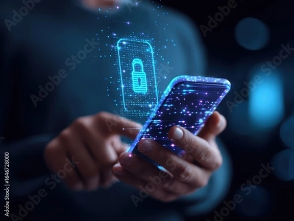 Fototapeta Man using smartphone to encrypt data and strengthen cybersecurity, Protecting personal and corporate information against hackers. Data privacy, Safe internet technology practices..