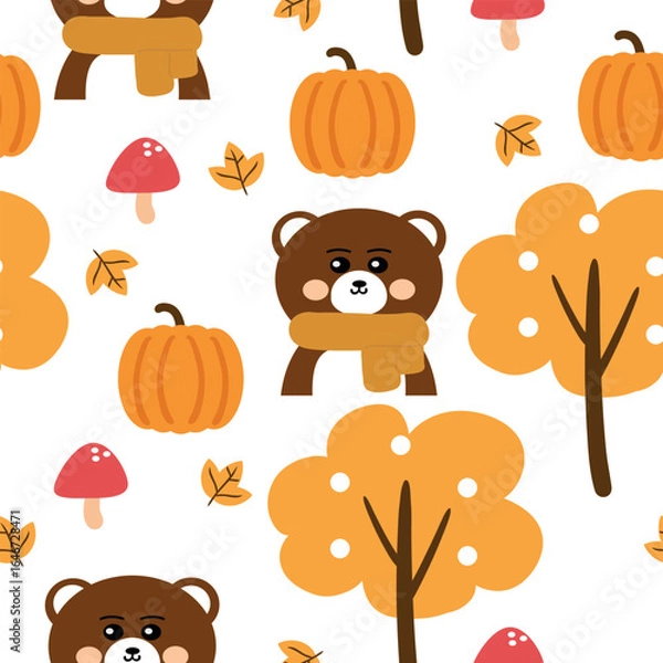 Obraz Seamless pattern cartoon bear with autumn vibes. cute autumn fall wallpaper for fabric print, gift wrap paper