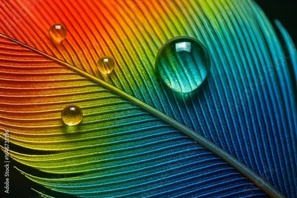 Fototapeta Close Up of Vibrant Rainbow Peacock Feather with Water Droplets