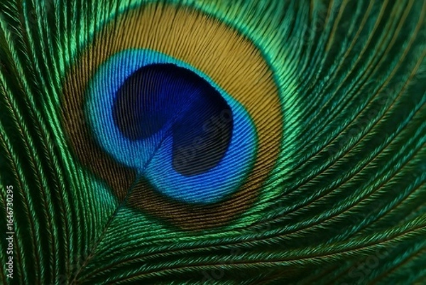 Fototapeta Vibrant Peacock Feather Closeup with Blue and Green Colors and Intricate Details