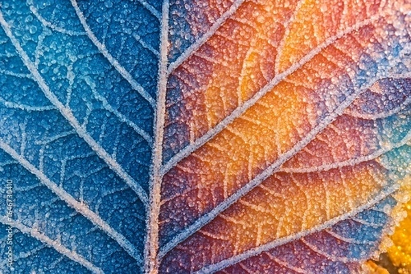 Fototapeta Close-up Frosted Multicolored Leaf with Blue Orange Pink Yellow Tones