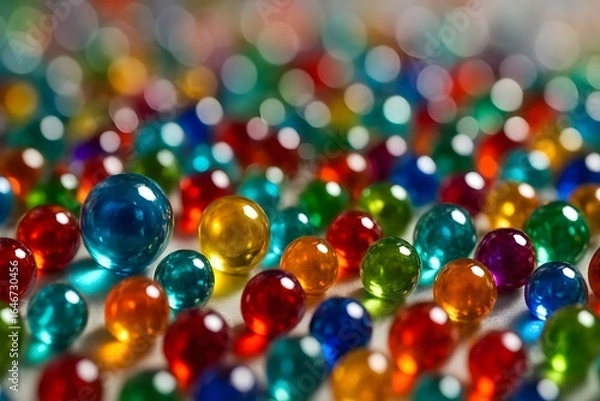 Fototapeta Colorful Glass Marbles on Surface with Bright Focus and Bokeh Effect
