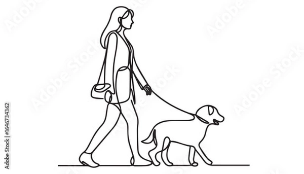 Fototapeta Continuous one single minimal line drawing woman with pet