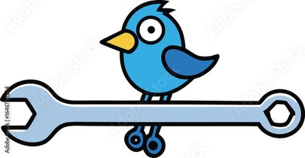 Obraz mechanical bird perched on a wrench on transparent background