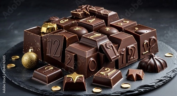 Obraz A chocolate advent calendar with golden numbers and christmas ornaments on black slate