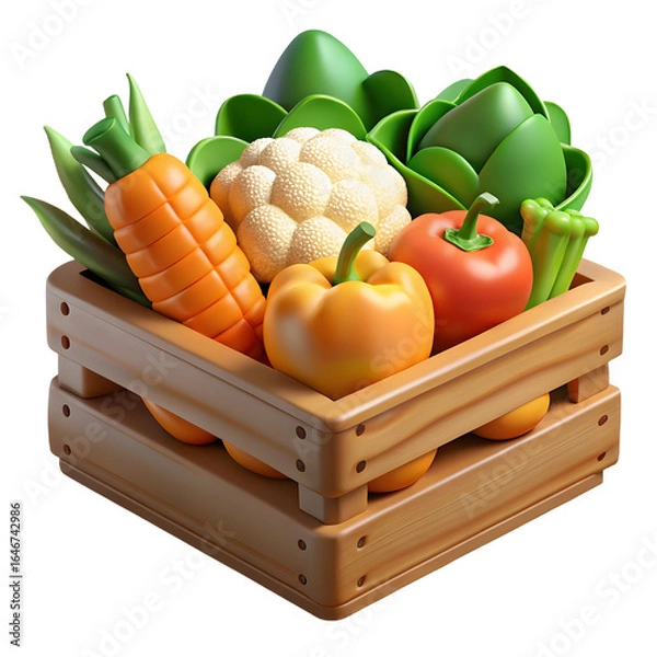 Fototapeta 3d icon of fresh vegetables in a wooden crate isolated on transparent background