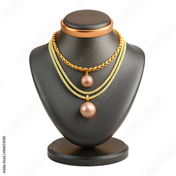 Fototapeta 3d icon of two gold necklaces with pearl pendants on display stand isolated isolated on transparent background